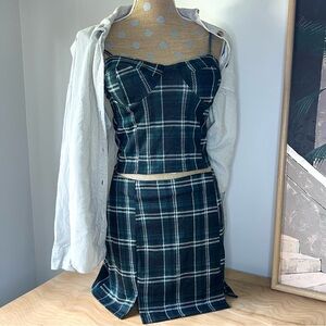 Dark Green, Black Plaid Miniskirt, Camisole Set